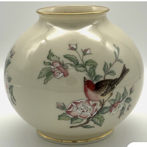 Lenox Other - Lenox Serenade 5” Globe Vase 24” gold trim Hand Decorated Bird Floral Collection